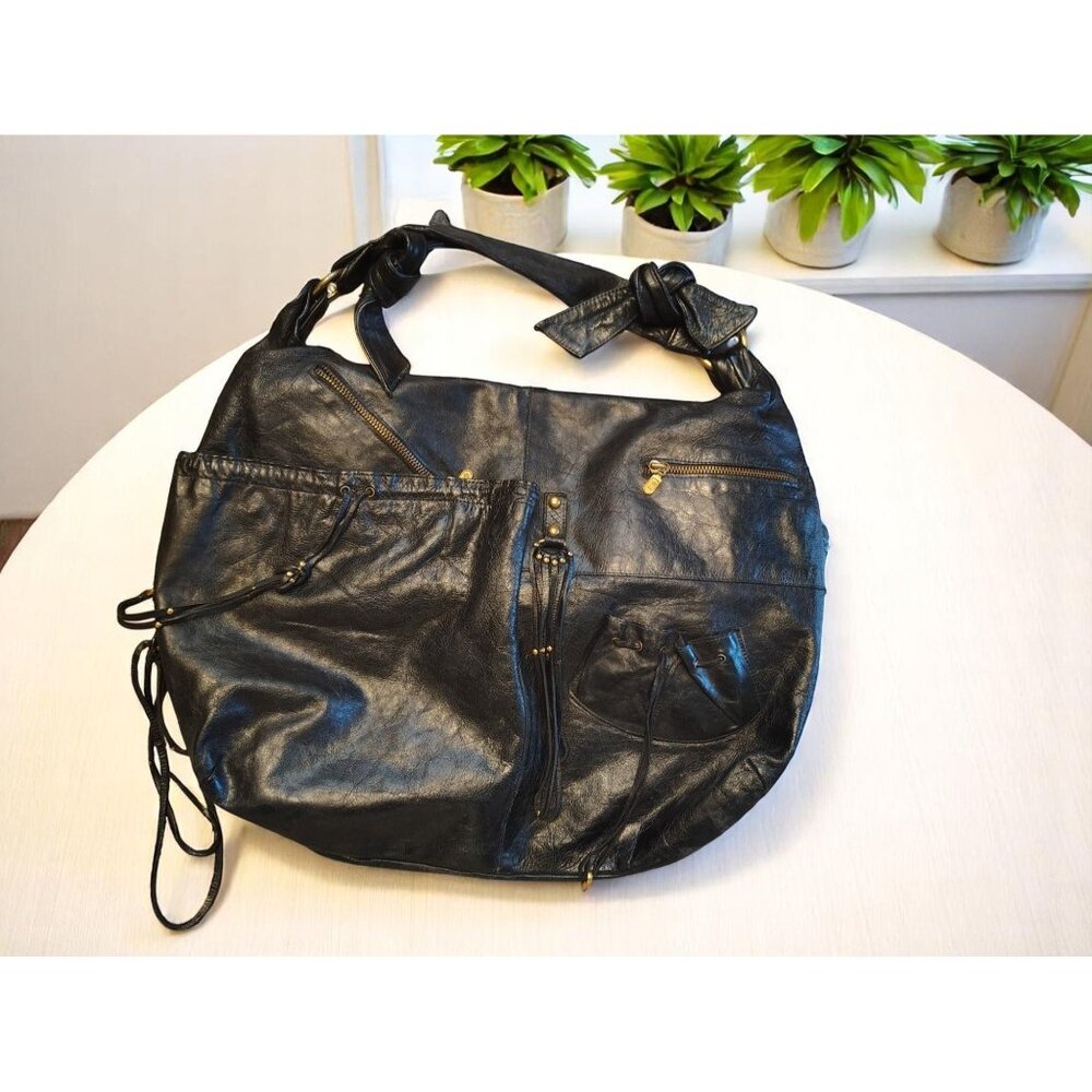 Anja Flint Large Black Leather Hobo Bag Shoulder Purse, Tassels, Zip Close, USA